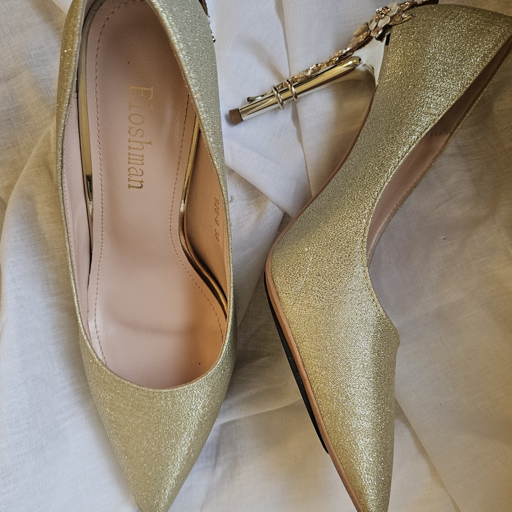 Gold Embellished Women's Evening Heels - Picture 6 of 7